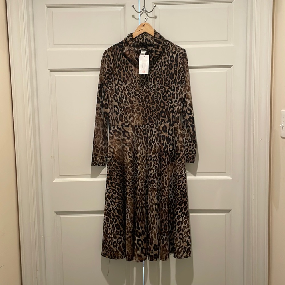 Cowl neck, brown leopard dress